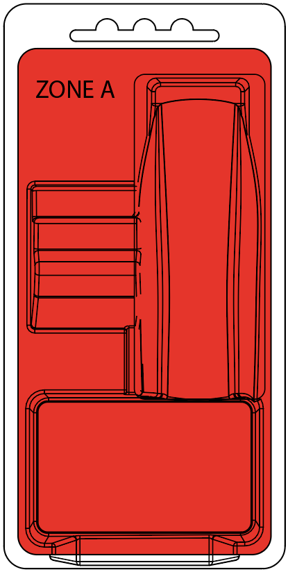 Zone A — the entire front face product and graphic area of a plastic blister or thermoformed tray