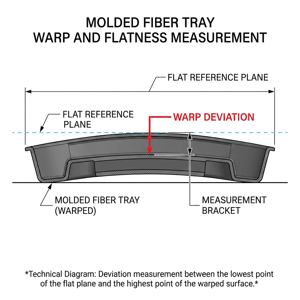 Molded fiber tray warp and flatness measurement — deviation measured from flat reference plane